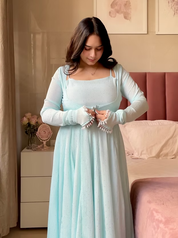 Blue Anarkali Gown Set with Pant, Jacket & Dupatta – Designer Chinon Party Wear Outfit for Women | Farewell, Reception & Wedding Wear 2026