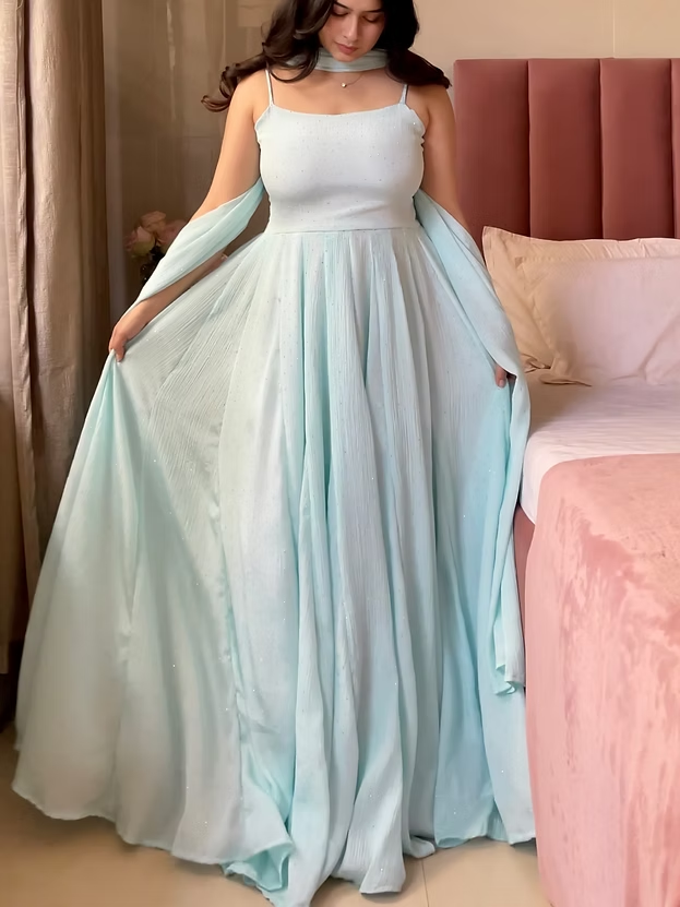Blue Anarkali Gown Set with Pant, Jacket & Dupatta – Designer Chinon Party Wear Outfit for Women | Farewell, Reception & Wedding Wear 2026