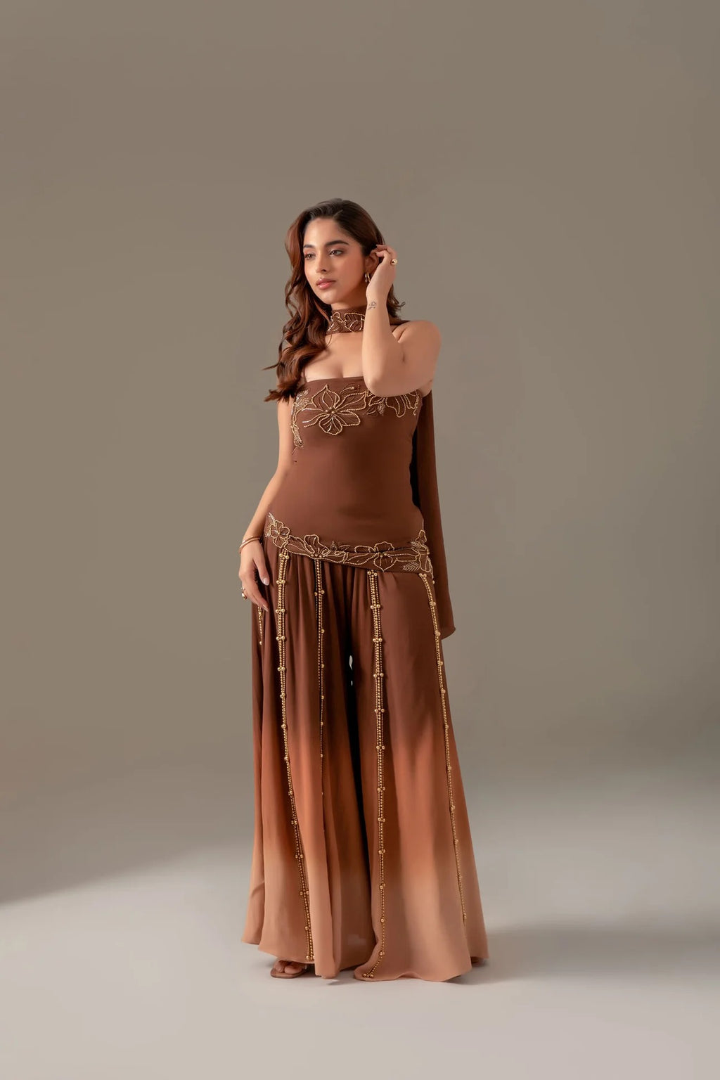 Brown Party Wear Palazzo Sharara Suit Set with Dupatta for Women | Perfect for Wedding & Sangeet Outfit