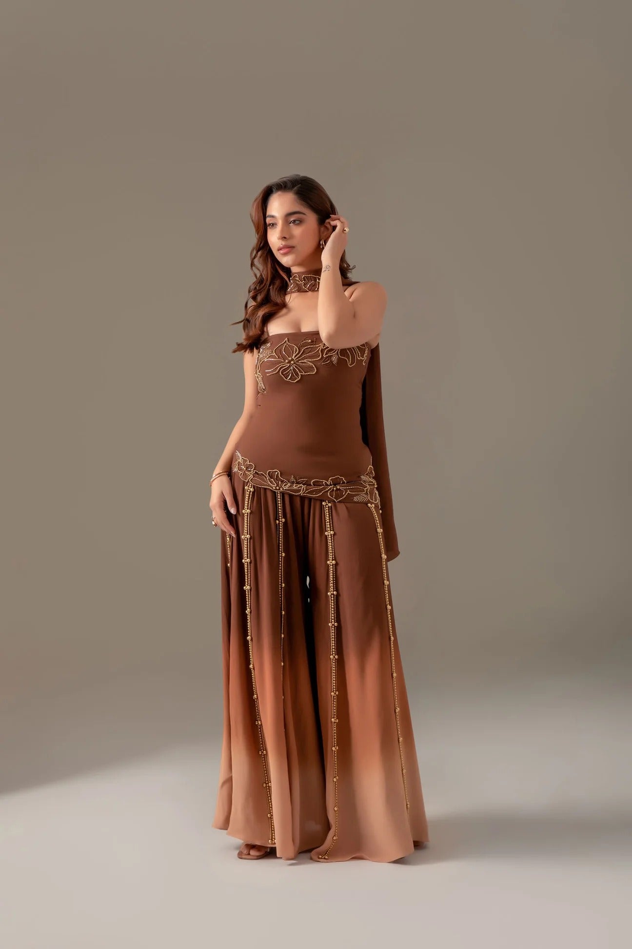 Brown Party Wear Palazzo Sharara Suit Set with Dupatta for Women | Perfect for Wedding & Sangeet Outfit