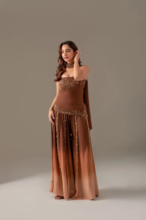 Brown Party Wear Palazzo Sharara Suit Set with Dupatta for Women | Perfect for Wedding & Sangeet Outfit