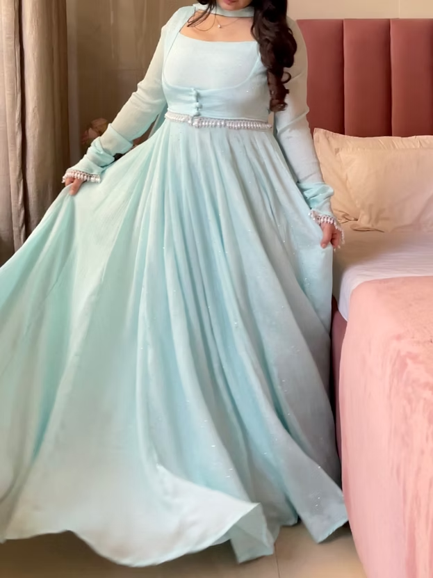 Blue Anarkali Gown Set with Pant, Jacket & Dupatta – Designer Chinon Party Wear Outfit for Women | Farewell, Reception & Wedding Wear 2026
