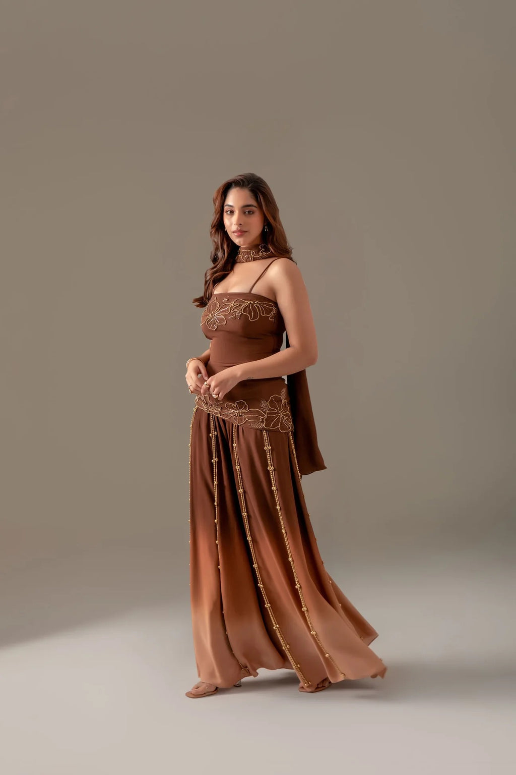Brown Party Wear Palazzo Sharara Suit Set with Dupatta for Women | Perfect for Wedding & Sangeet Outfit