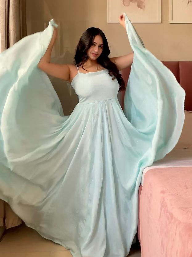 Blue Anarkali Gown Set with Pant, Jacket & Dupatta – Designer Chinon Party Wear Outfit for Women | Farewell, Reception & Wedding Wear 2026