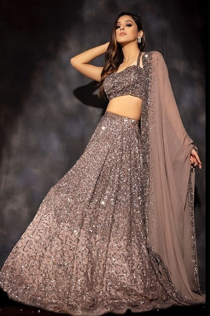 Embellished Beige Sequence Work Lehenga Choli