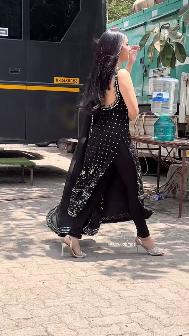 Party Wear Black Mirror Work Suit Set for Women