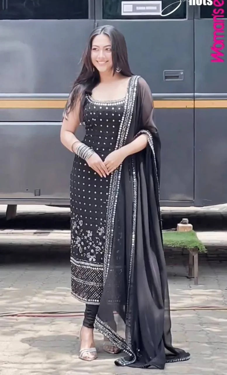 Party Wear Black Mirror Work Suit Set for Women