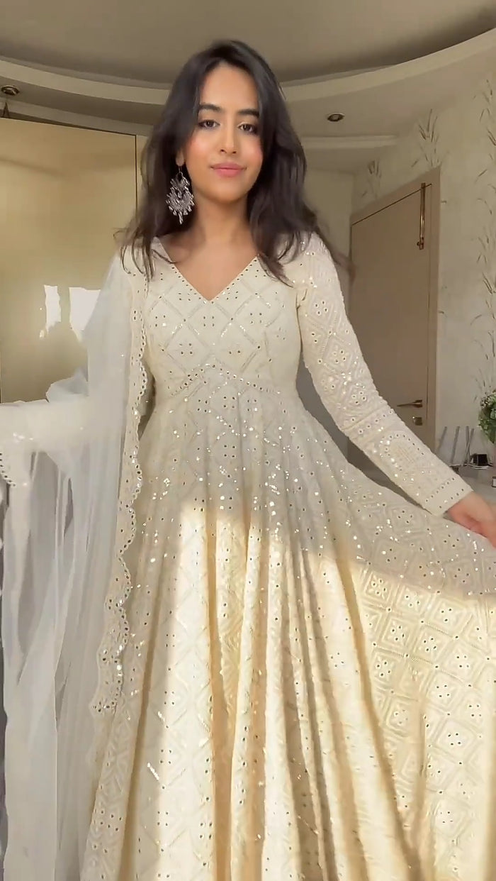 Off White Embroidered Georgette Anarkali Gown Set with Dupatta for Women | Wedding, Festive & Party Wear