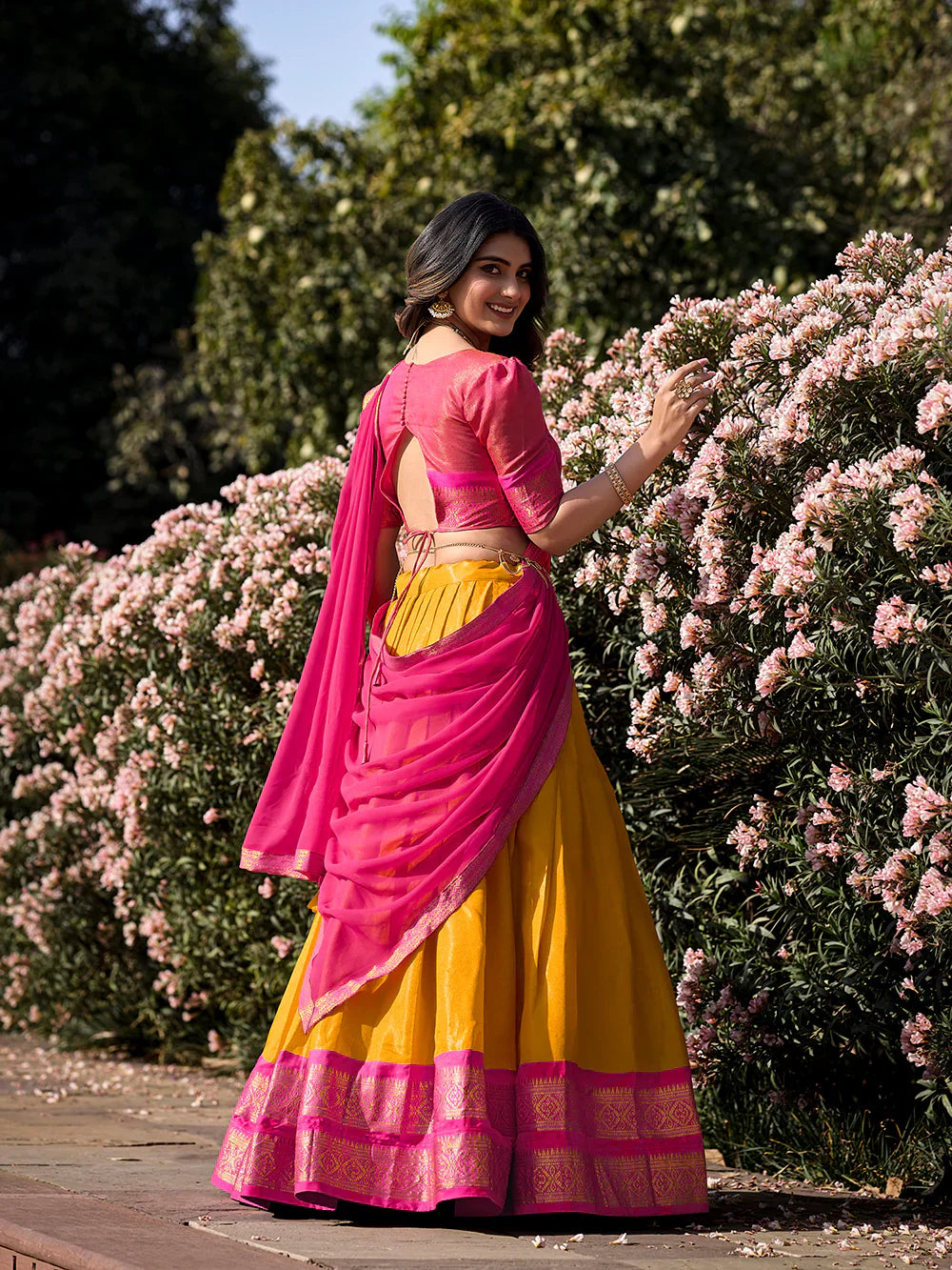 Mehndi Wear Mustard Color Zari Weaving Work Kanchipuram South Indian Lehenga Choli