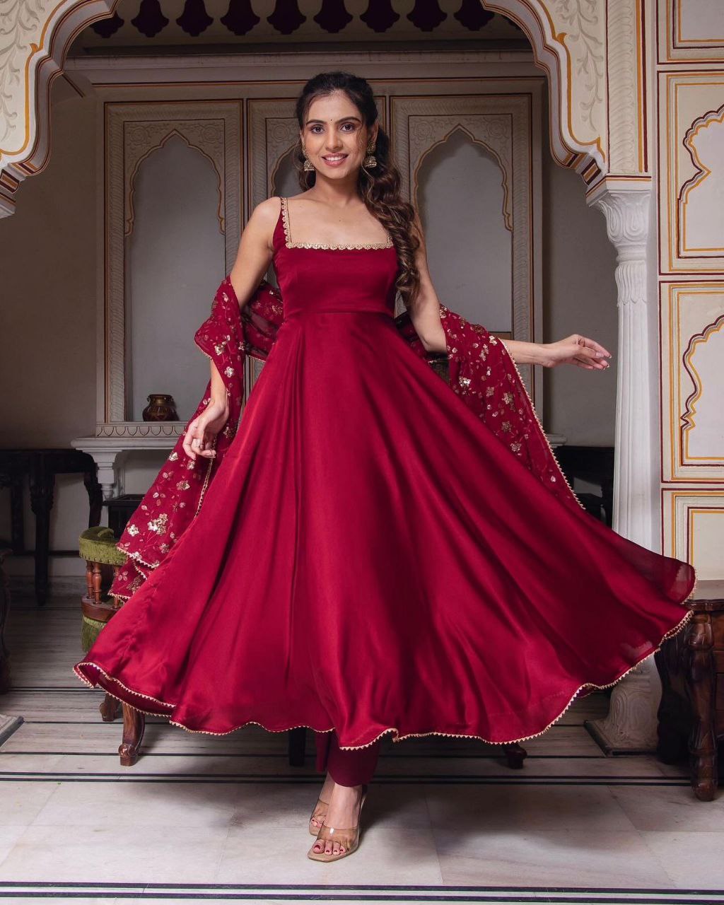 Manjula Maroon Anarkali Gown Suit Set For Women