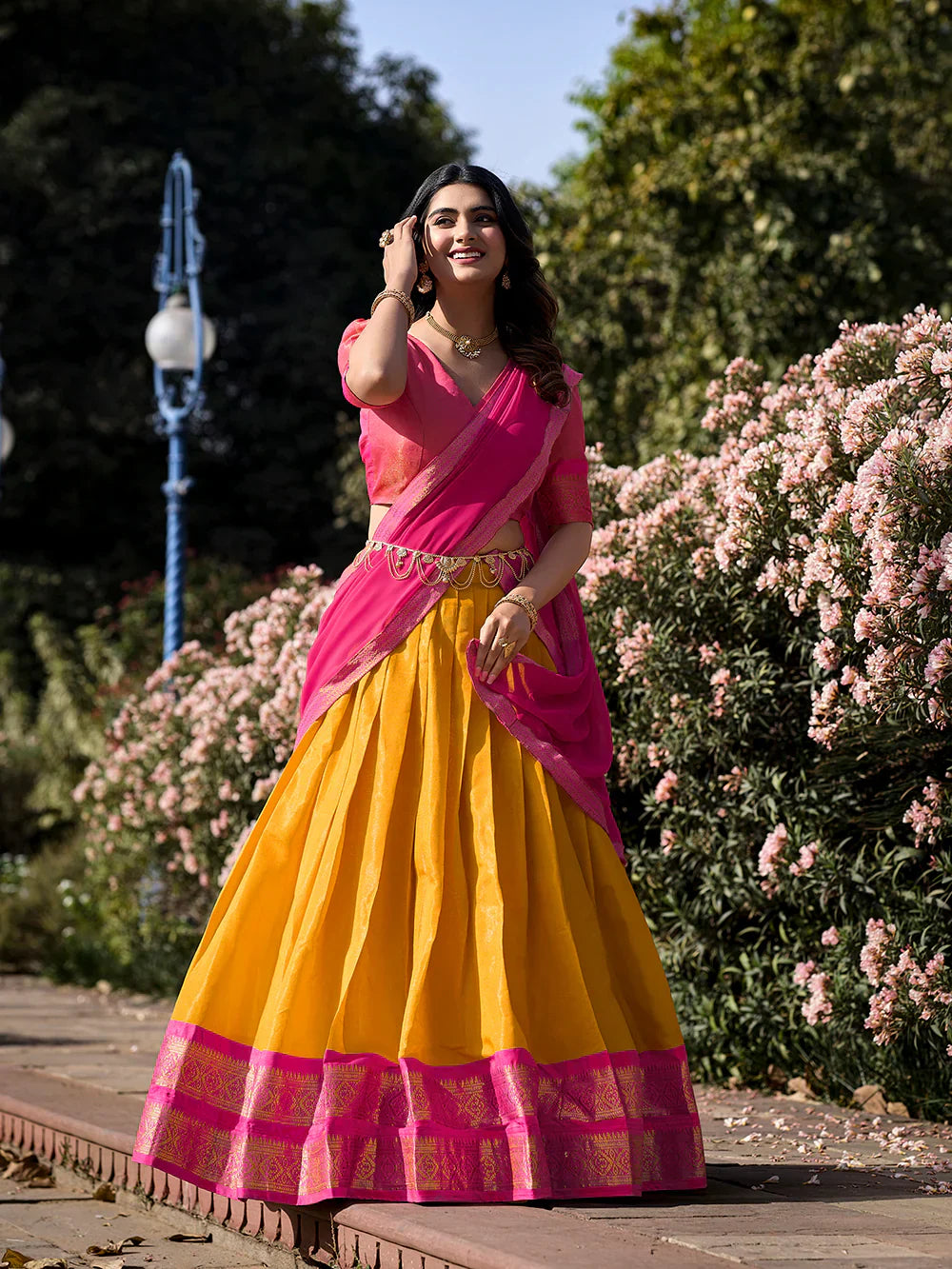 Mehndi Wear Mustard Color Zari Weaving Work Kanchipuram South Indian Lehenga Choli