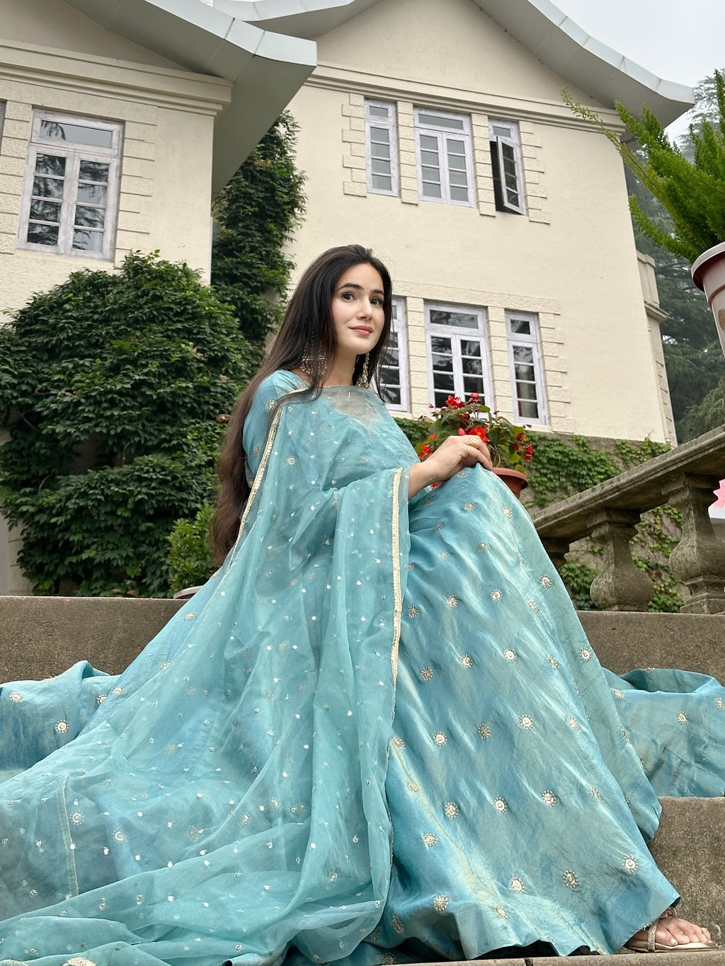 Parthi Sky Blue Anarkali Suit with Net Dupatta | Anarkali Suit For Women