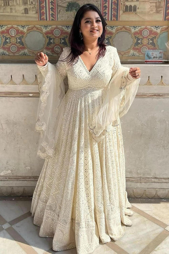 Off White Embroidered Georgette Anarkali Gown Set with Dupatta for Women | Wedding, Festive & Party Wear