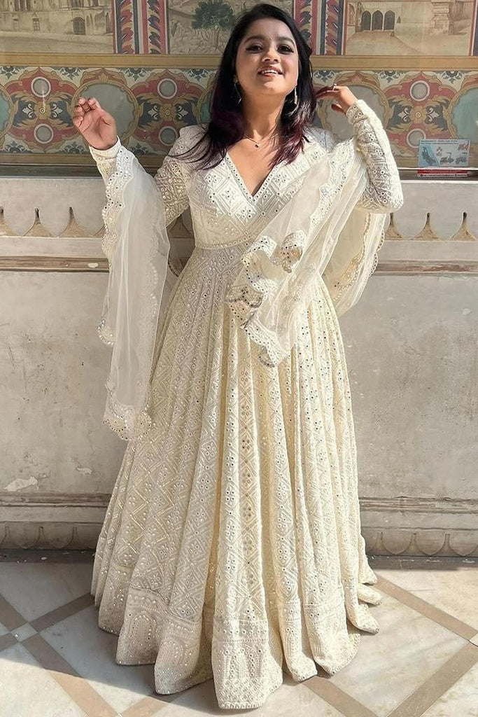 Off White Embroidered Georgette Anarkali Gown Set with Dupatta for Women | Wedding, Festive & Party Wear