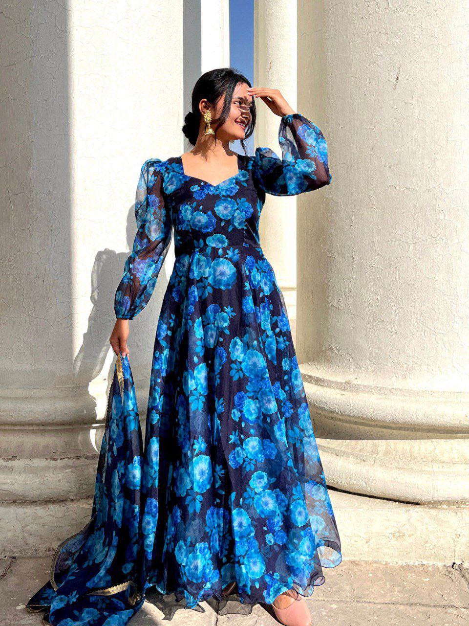 Heer Blue Color Flower Printed Pure Organza Gown For Women