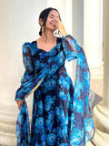 Heer Blue Color Flower Printed Pure Organza Gown For Women