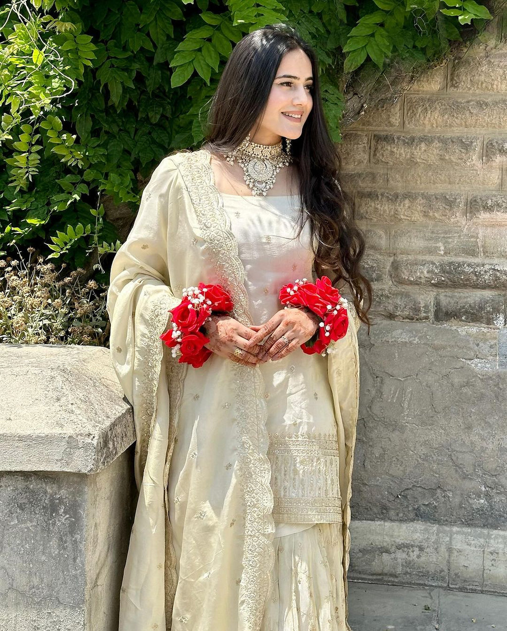 Delightful White Color Georgette Embroidery Work Sharara Suit
