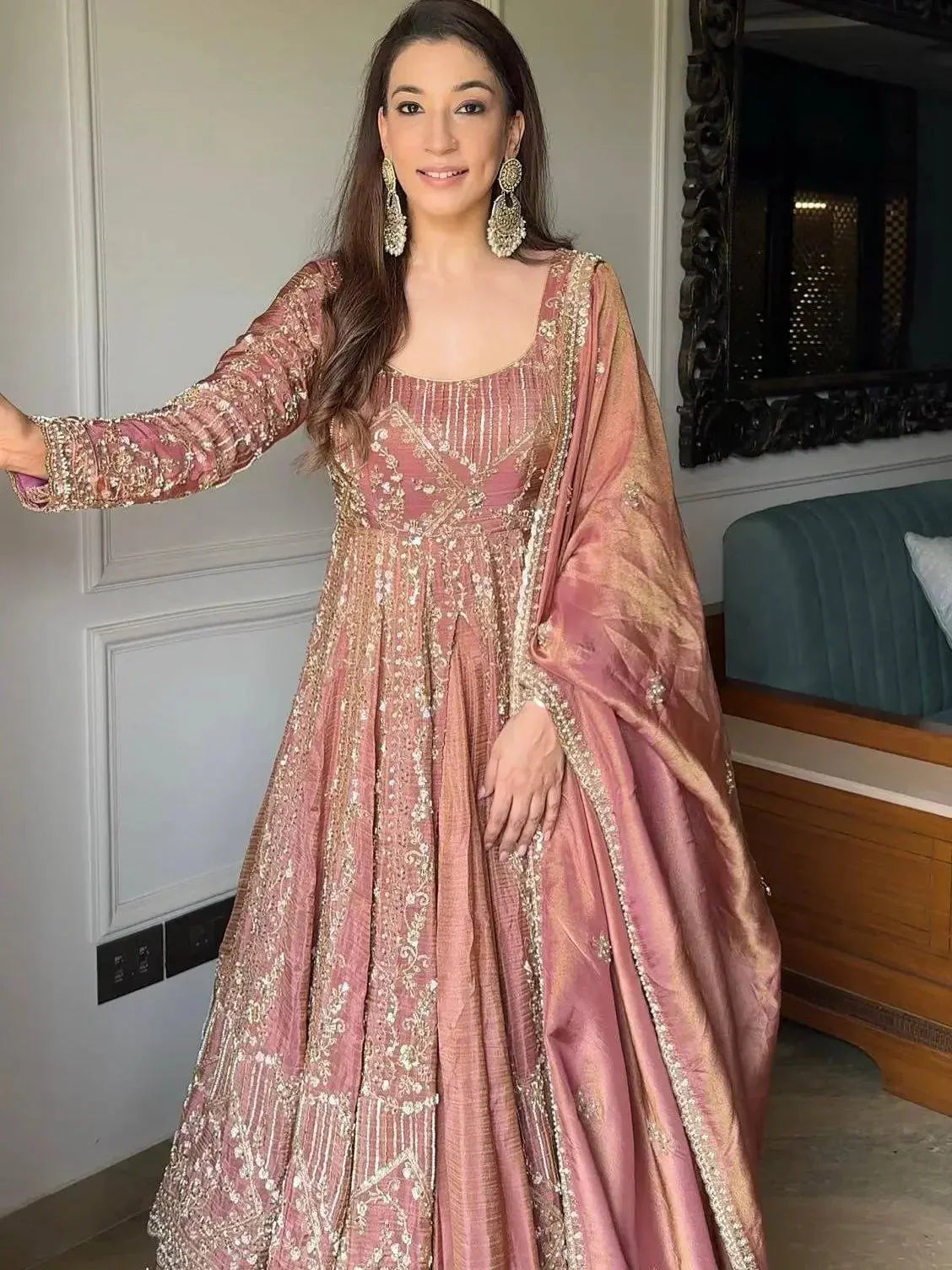 Crunchy Silk Gown With Lehenga Embroidery Party Wear