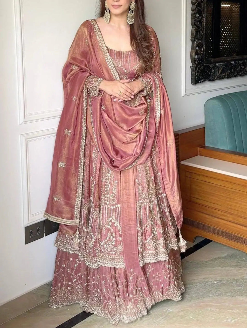 Crunchy Silk Gown With Lehenga Embroidery Party Wear