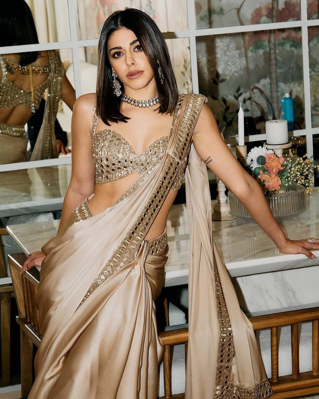 Pure Satin Silk Saree with Mirror & Embroidery Work | Party Wear Saree For Women