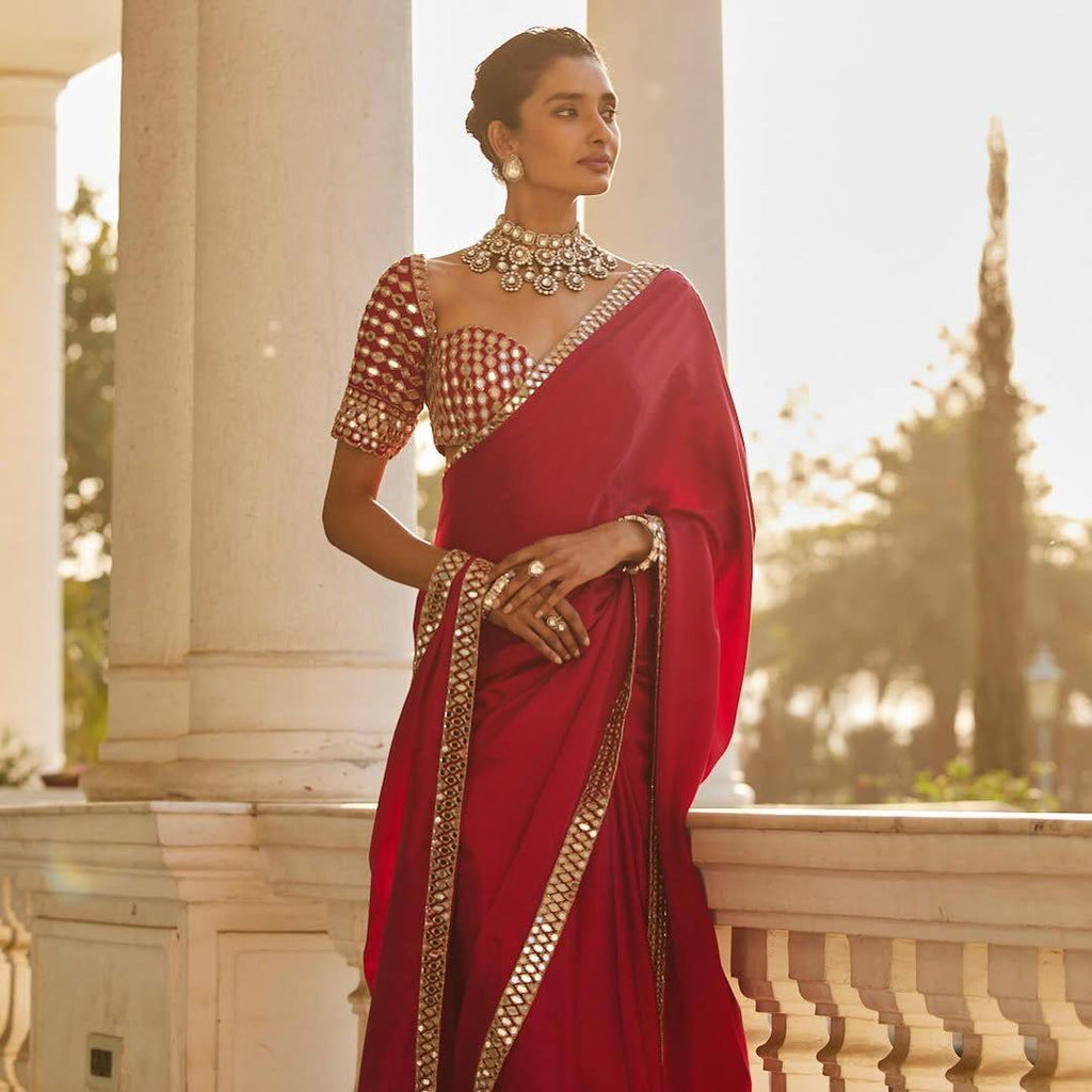 Pure Satin Silk Saree with Mirror & Embroidery Work | Party Wear Saree For Women