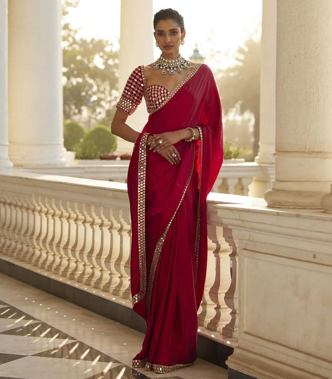 Pure Satin Silk Saree with Mirror & Embroidery Work | Party Wear Saree For Women