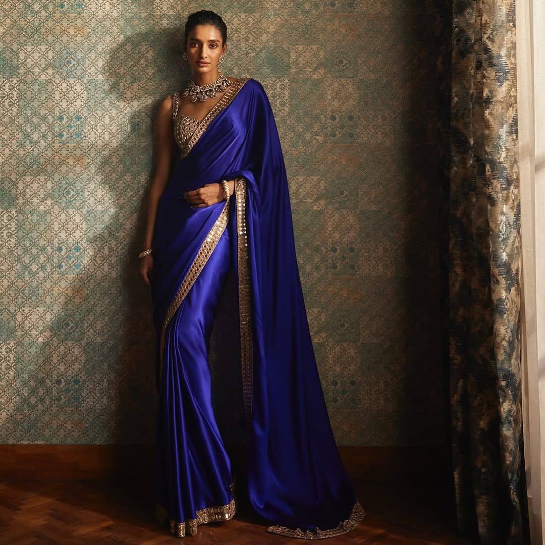 Pure Satin Silk Saree with Mirror & Embroidery Work | Party Wear Saree For Women