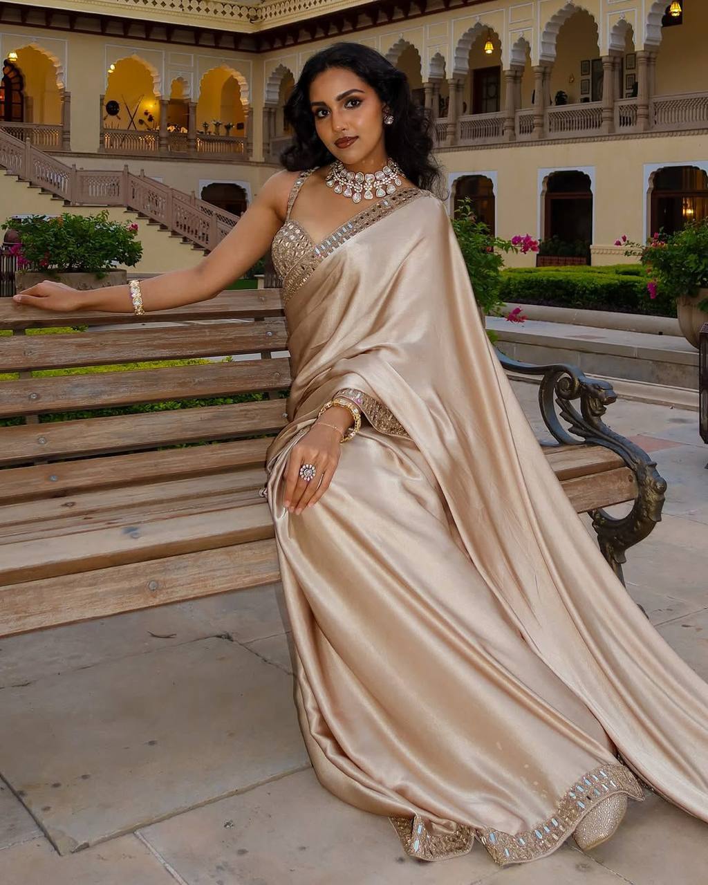 Pure Satin Silk Saree with Mirror & Embroidery Work | Party Wear Saree For Women