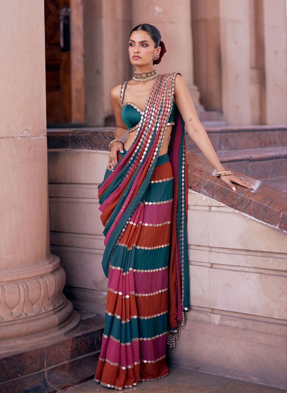 Designer Multicolor Mirror Work Faux Georgette Saree with Banglori Silk Blouse | Wedding Outfits For Women