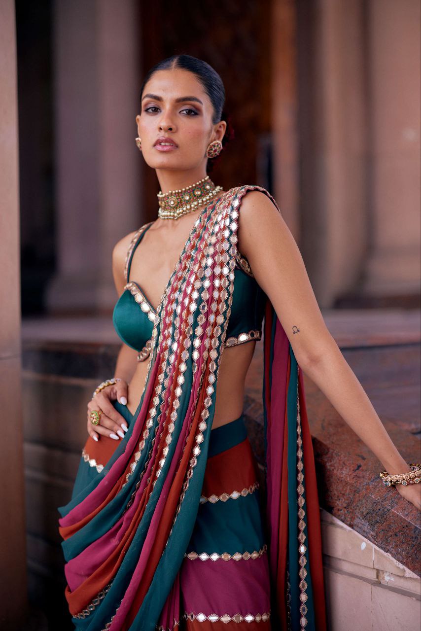 Designer Multicolor Mirror Work Faux Georgette Saree with Banglori Silk Blouse | Wedding Outfits For Women