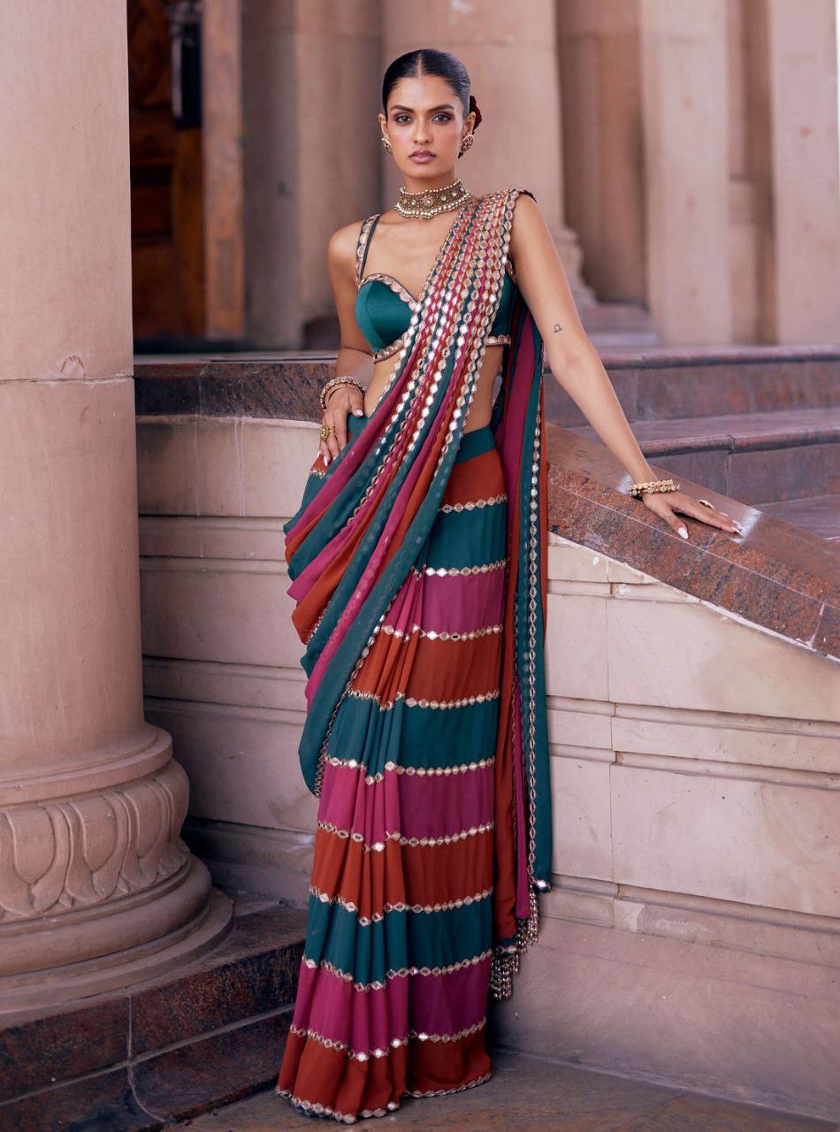 Designer Multicolor Mirror Work Faux Georgette Saree with Banglori Silk Blouse | Wedding Outfits For Women