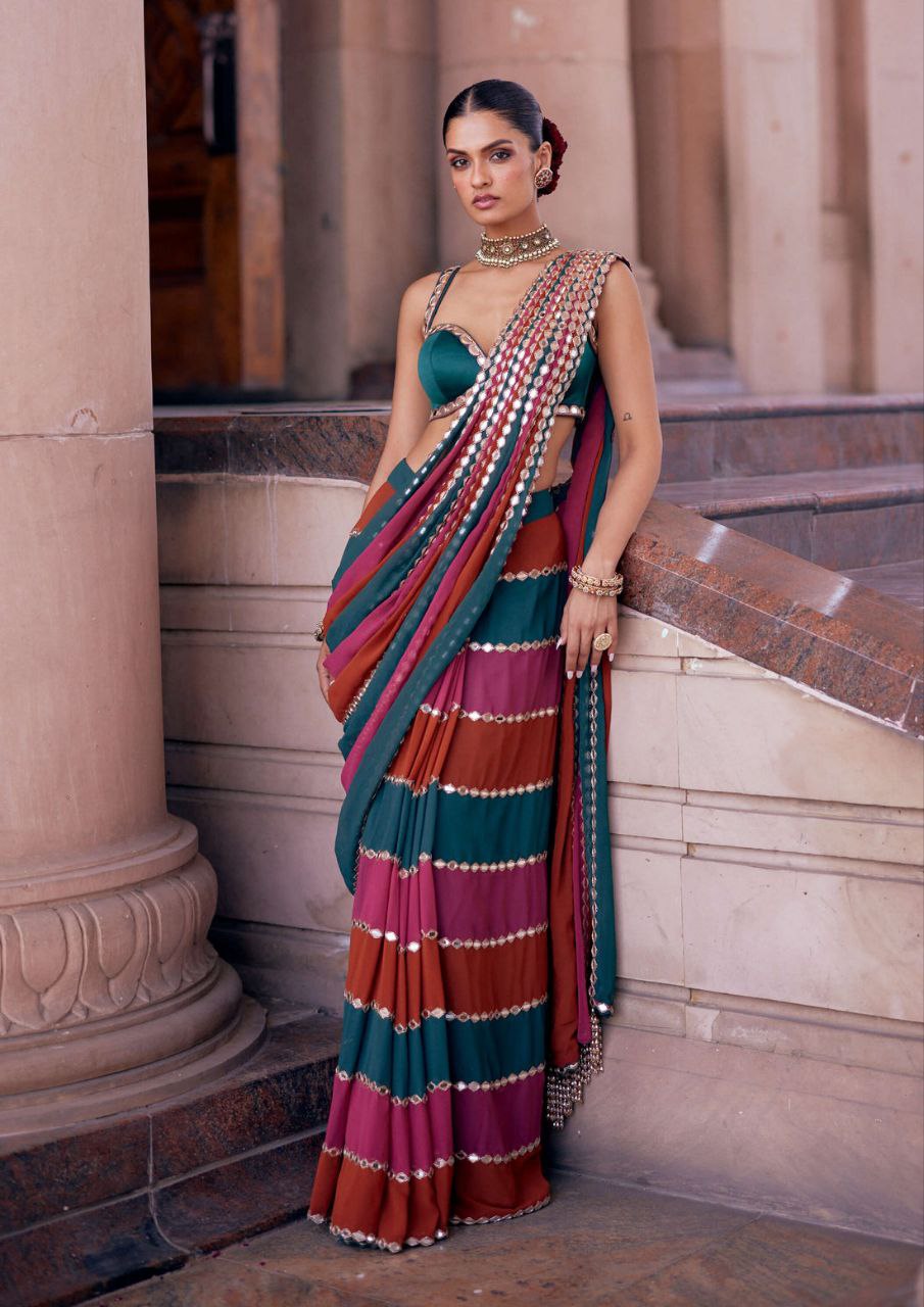 Designer Multicolor Mirror Work Faux Georgette Saree with Banglori Silk Blouse | Wedding Outfits For Women
