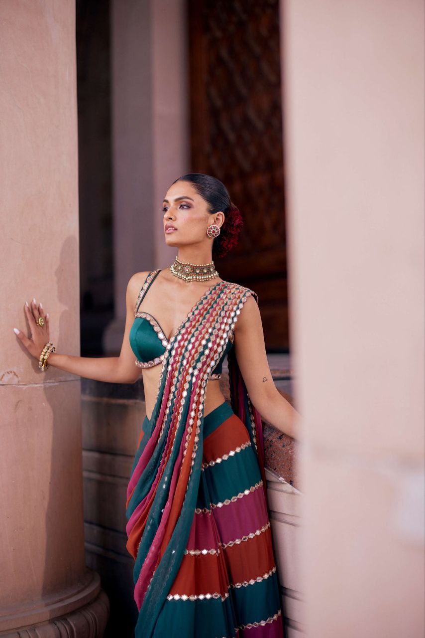 Designer Multicolor Mirror Work Faux Georgette Saree with Banglori Silk Blouse | Wedding Outfits For Women