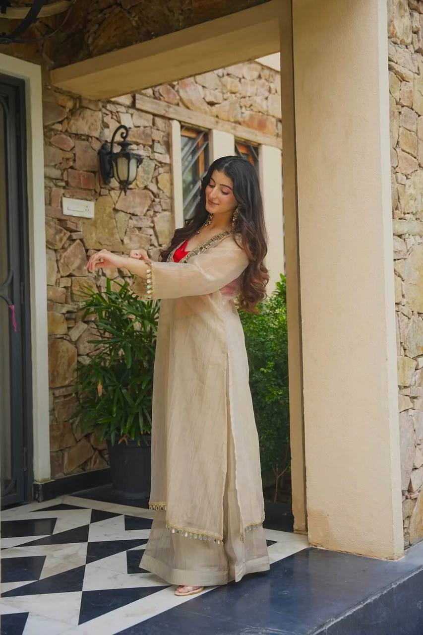 Women’s Ivory Salsa Silk Kurta Set with Real Mirror Work & Palazzo | Festive & Wedding Wear