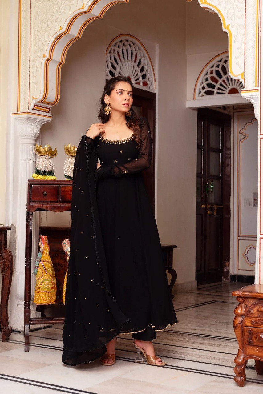 Most Trending Party Wear Handwork Black Color Anarkali Suit For Women