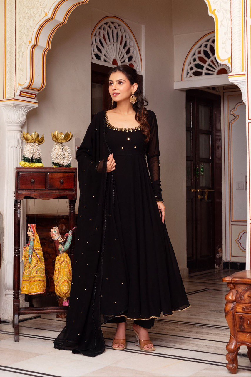 Most Trending Party Wear Handwork Black Color Anarkali Suit For Women