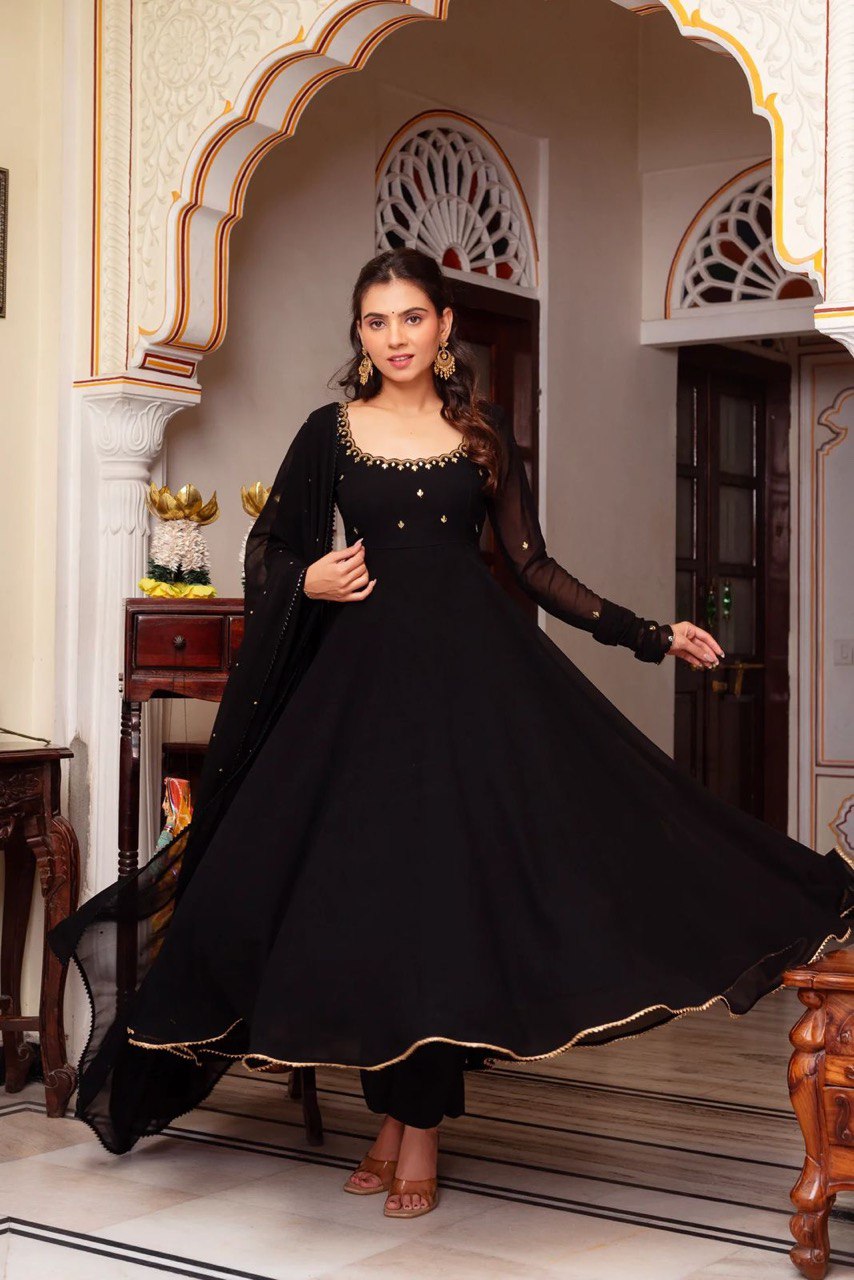 Most Trending Party Wear Handwork Black Color Anarkali Suit For Women