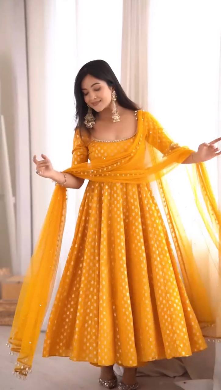 Chanderi Jacquard Gown Set Mirror Work Party Wear