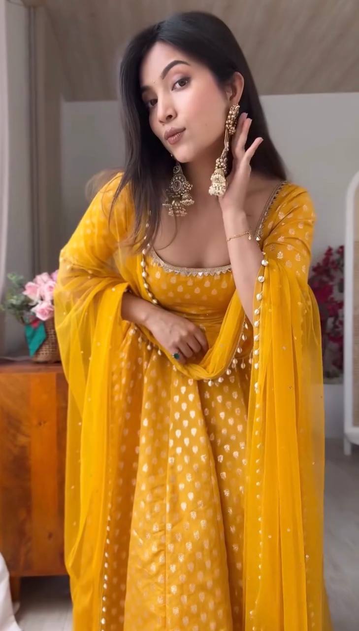 Chanderi Jacquard Gown Set Mirror Work Party Wear