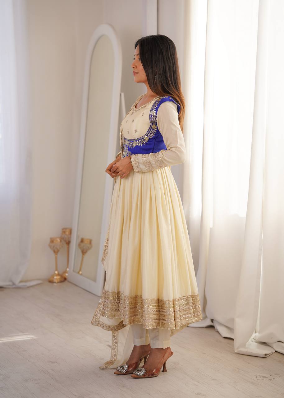 Cream Chinon Silk Anarkali Suit with Embroidered Koti & Dupatta