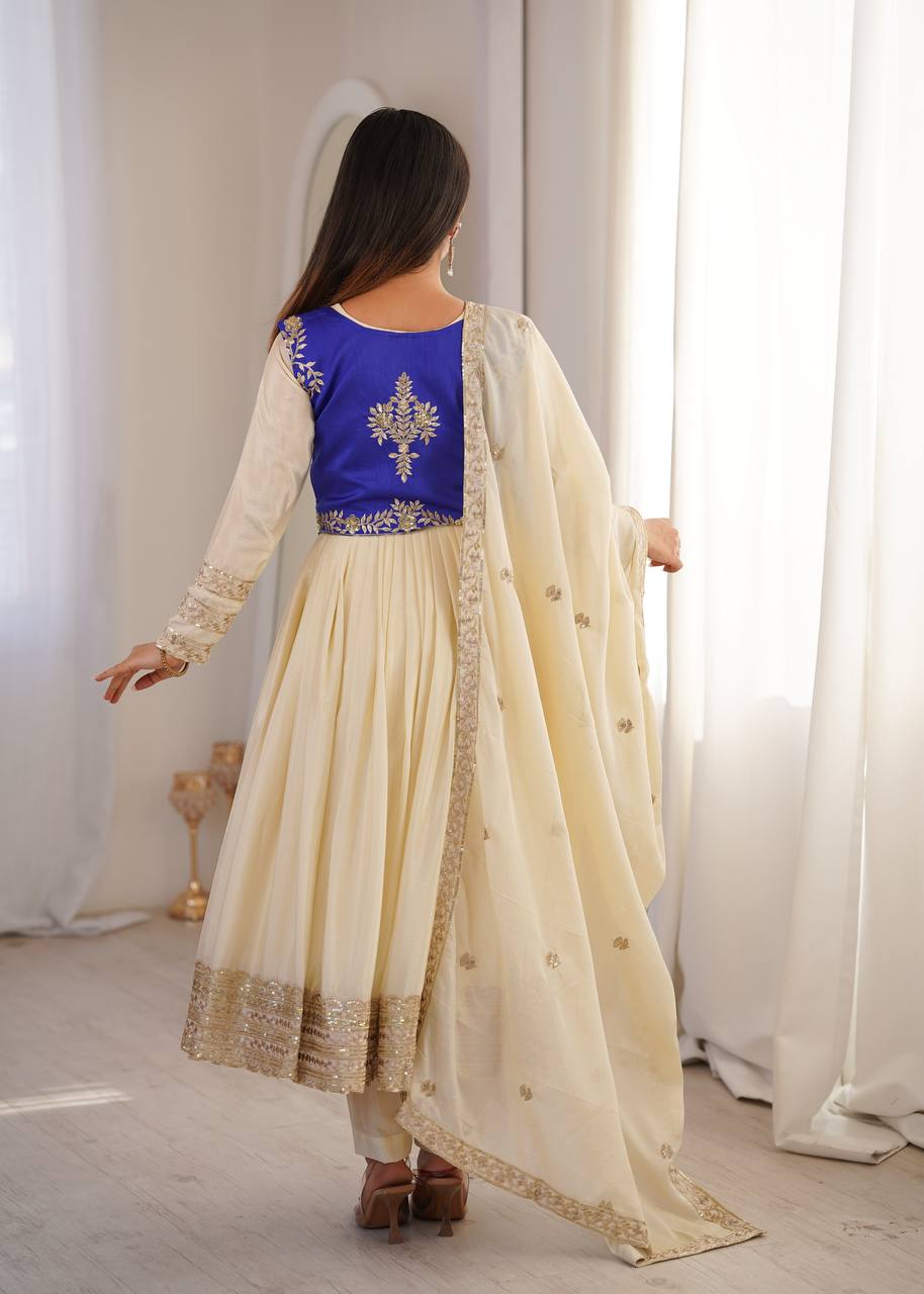 Cream Chinon Silk Anarkali Suit with Embroidered Koti & Dupatta