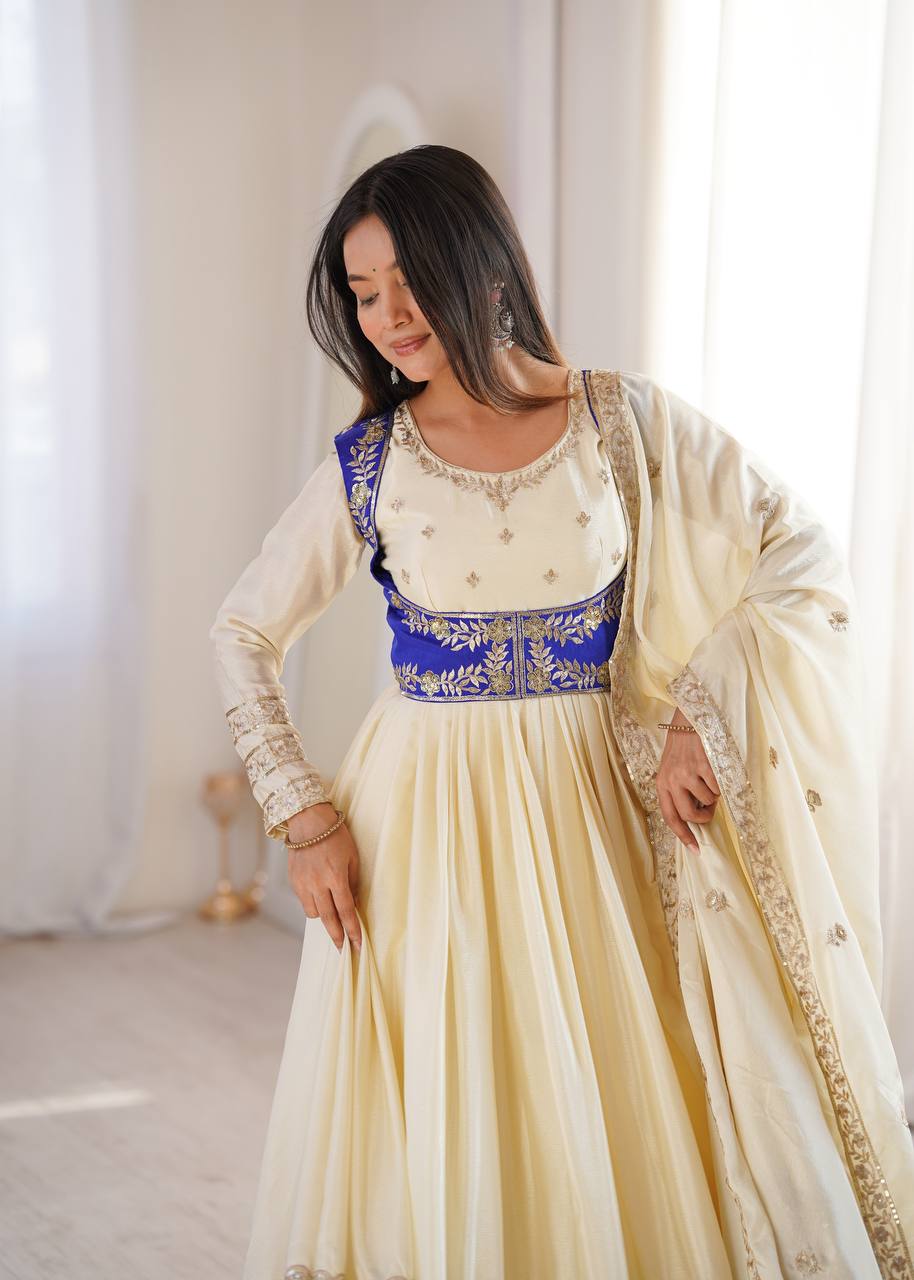 Cream Chinon Silk Anarkali Suit with Embroidered Koti & Dupatta