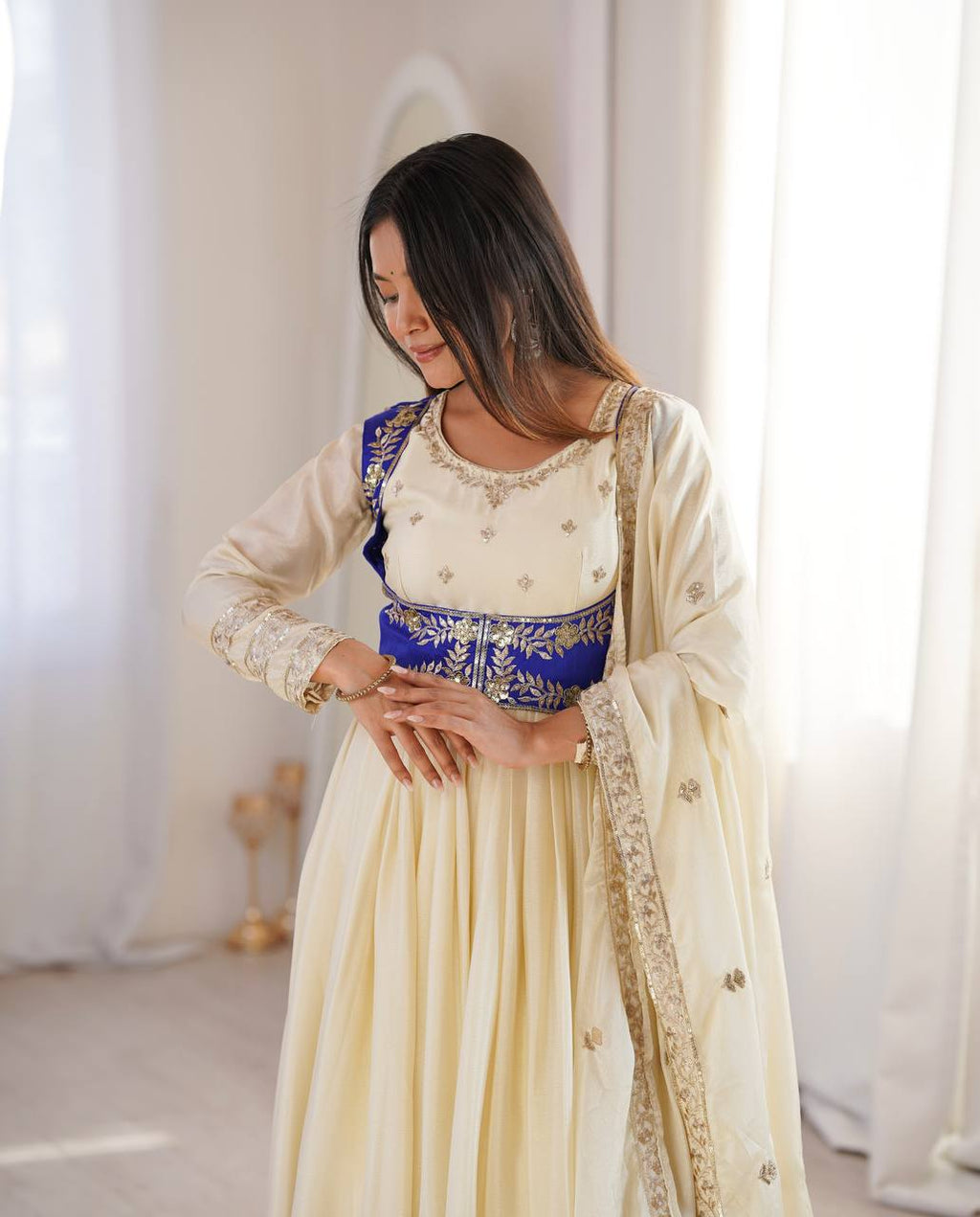 Cream Chinon Silk Anarkali Suit with Embroidered Koti & Dupatta