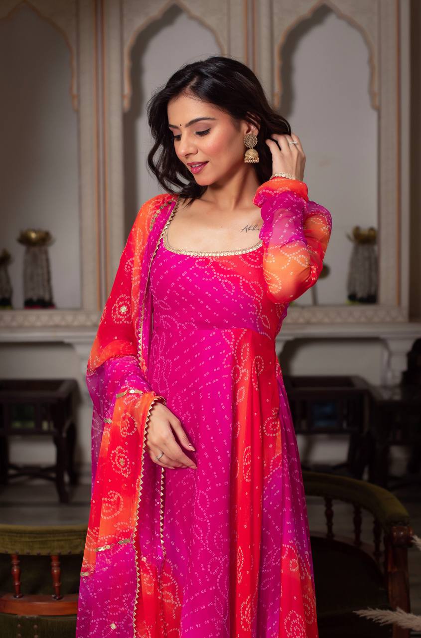 Vibrant Pink & Orange Bandhani Print Anarkali Suit with Dupatta | Anarkali Suit For Women