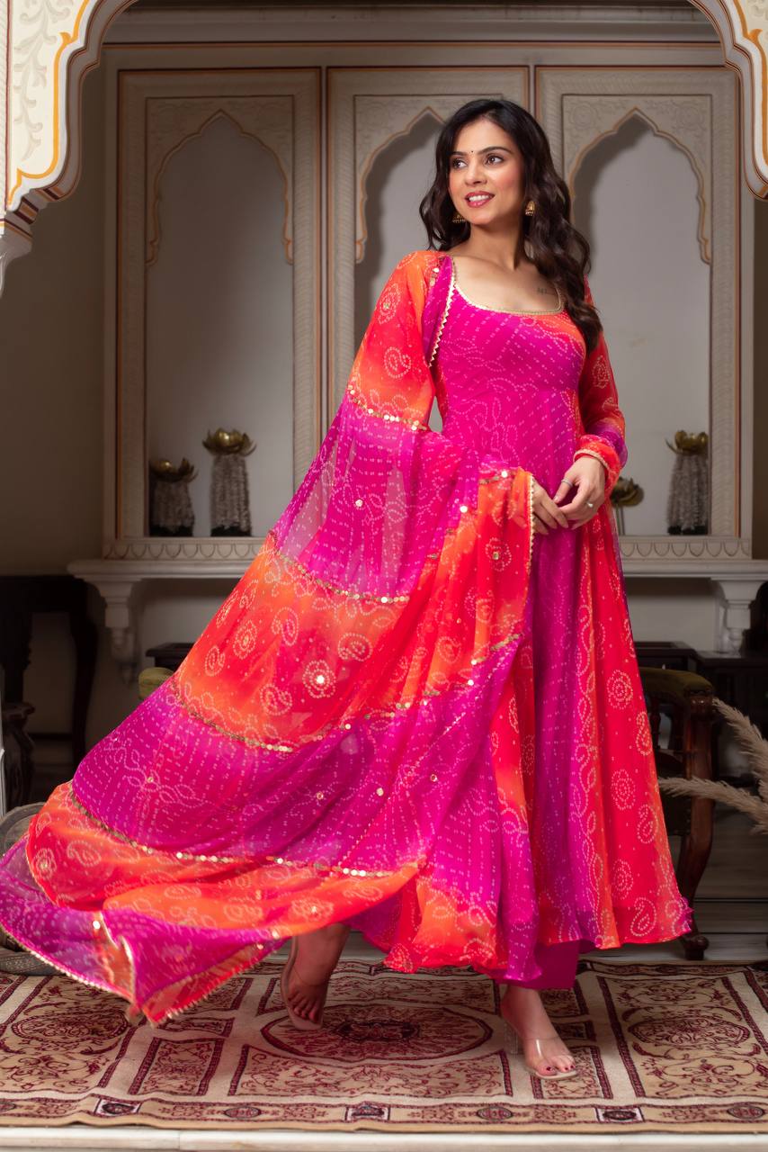 Vibrant Pink & Orange Bandhani Print Anarkali Suit with Dupatta | Anarkali Suit For Women