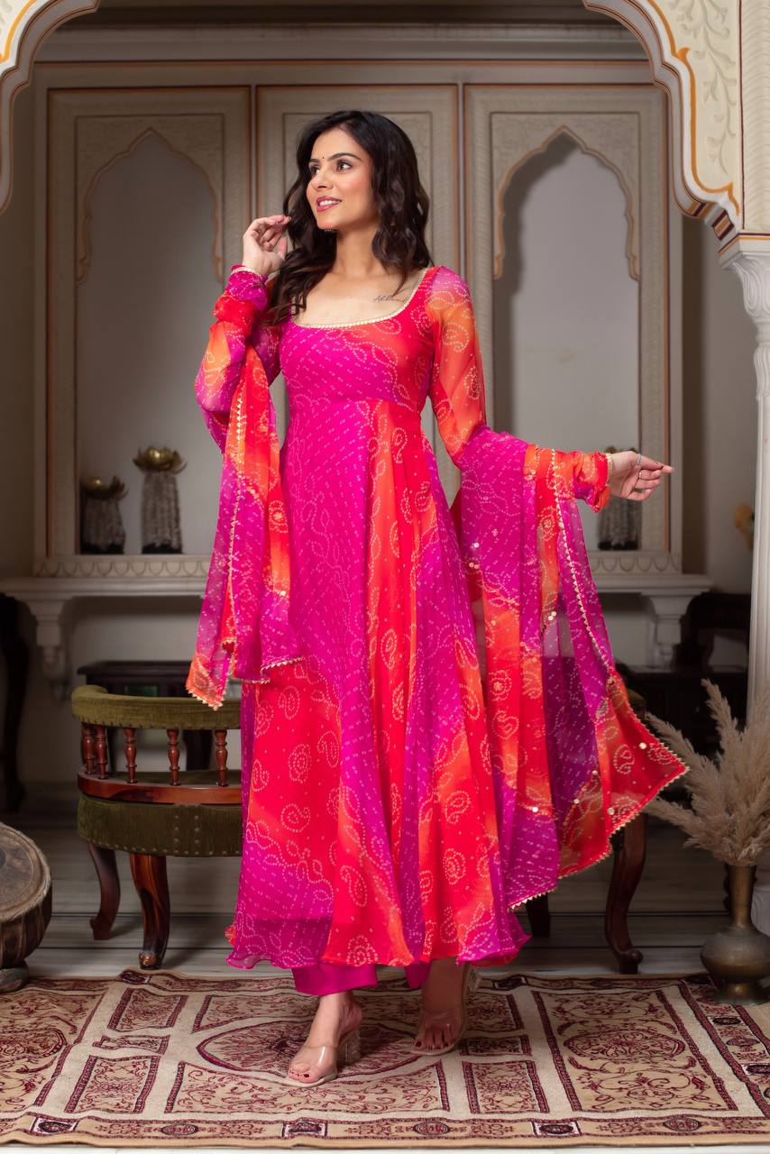 Vibrant Pink & Orange Bandhani Print Anarkali Suit with Dupatta | Anarkali Suit For Women