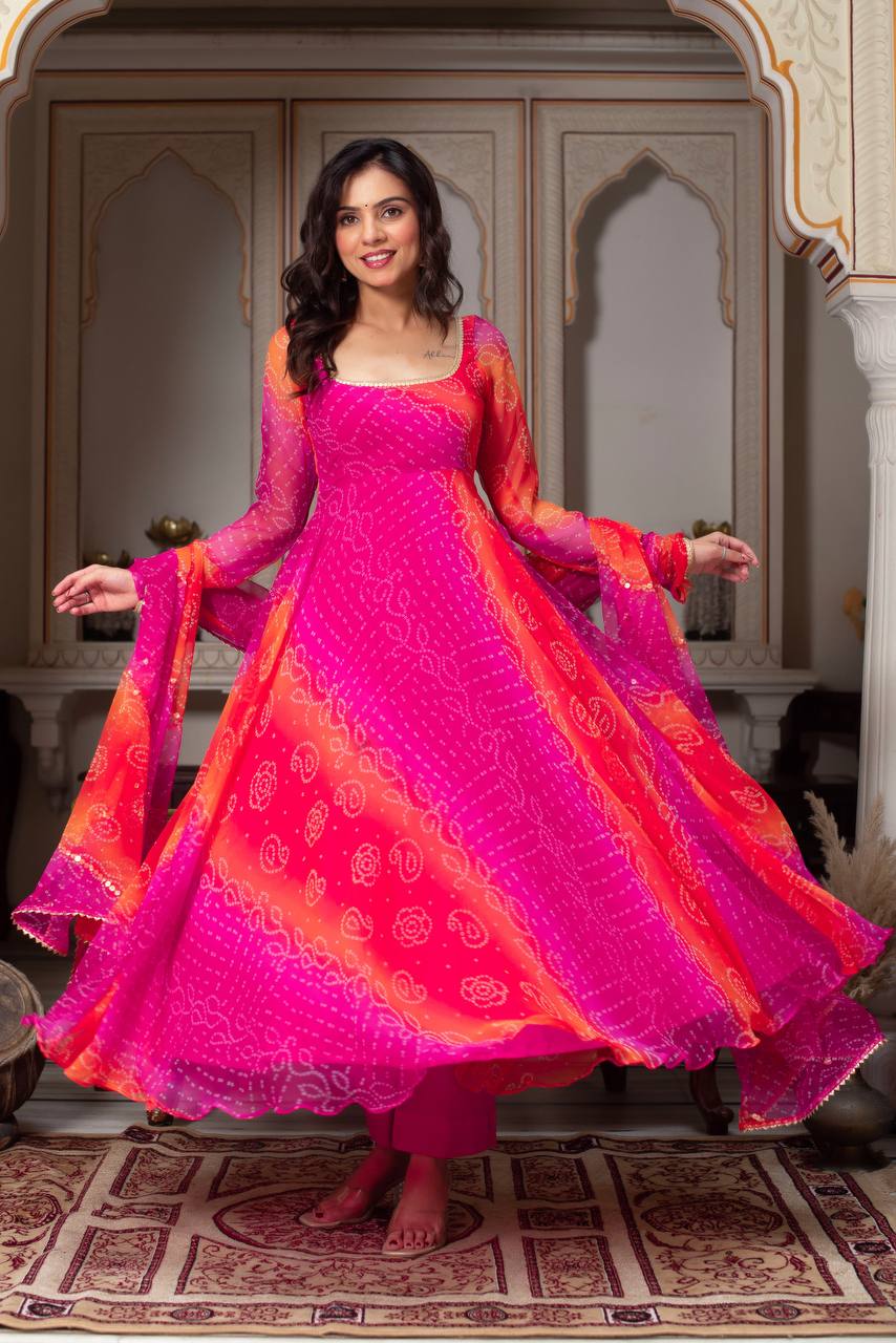 Vibrant Pink & Orange Bandhani Print Anarkali Suit with Dupatta | Anarkali Suit For Women