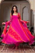Vibrant Pink & Orange Bandhani Print Anarkali Suit with Dupatta | Anarkali Suit For Women