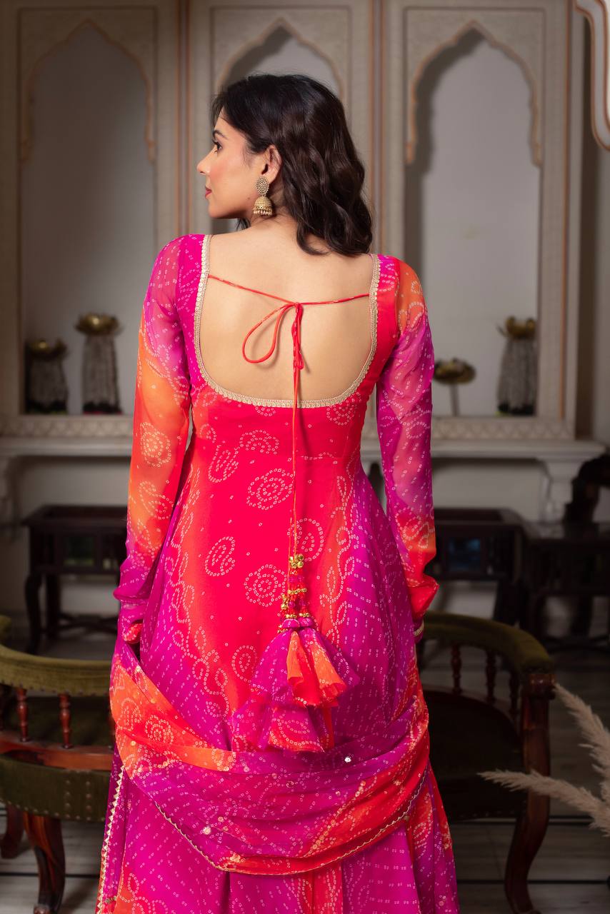 Vibrant Pink & Orange Bandhani Print Anarkali Suit with Dupatta | Anarkali Suit For Women