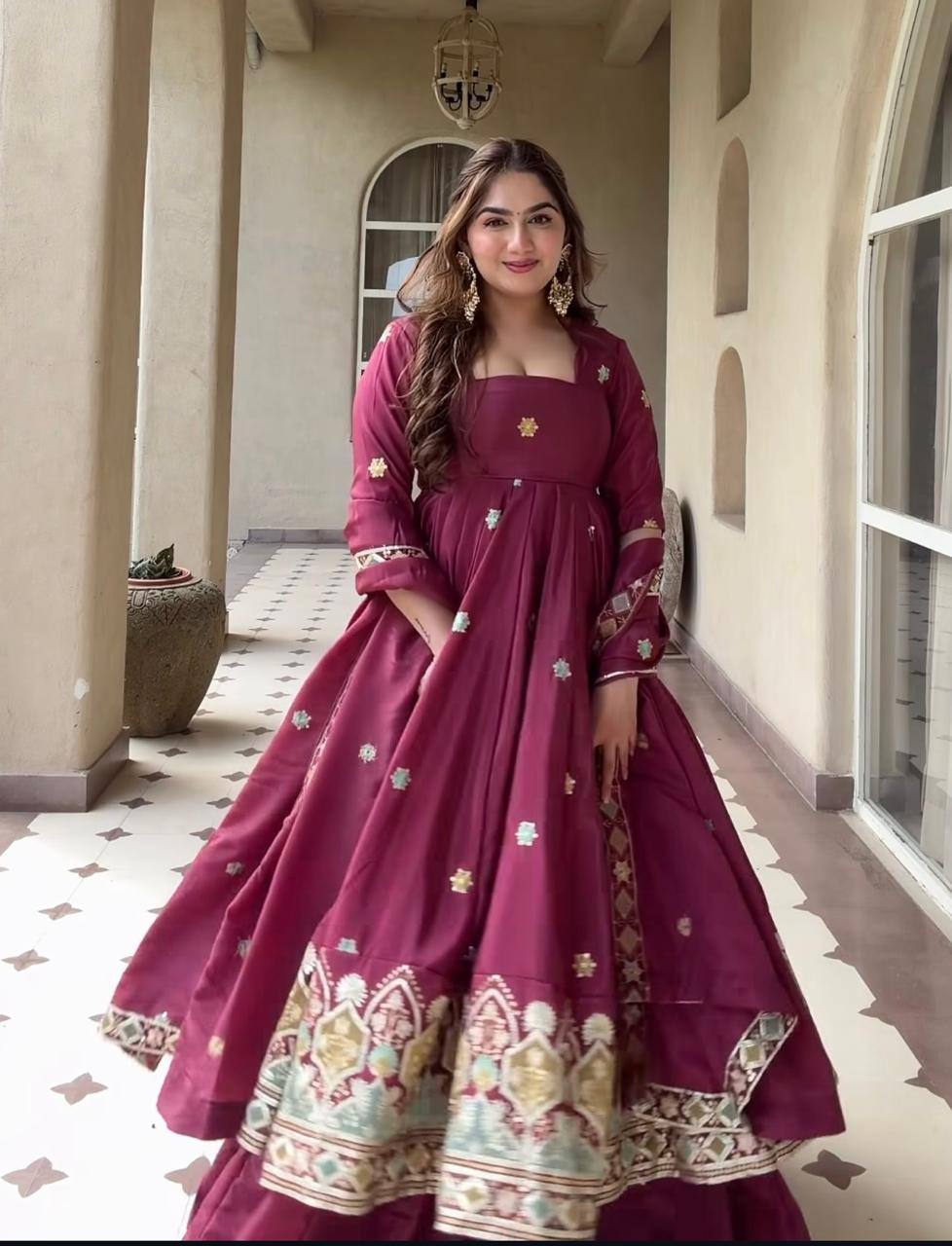 Wedding Wear Wine Natural Crepe Silk Anarkali Suit for Women
